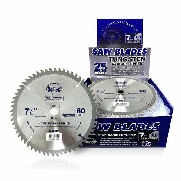 Grip Tight Tools 7-1/4-inch Professional 60-Tooth Tungsten Carbide Tipped Circular Saw Blade, Multi-Purpose, 25PK N1602-25